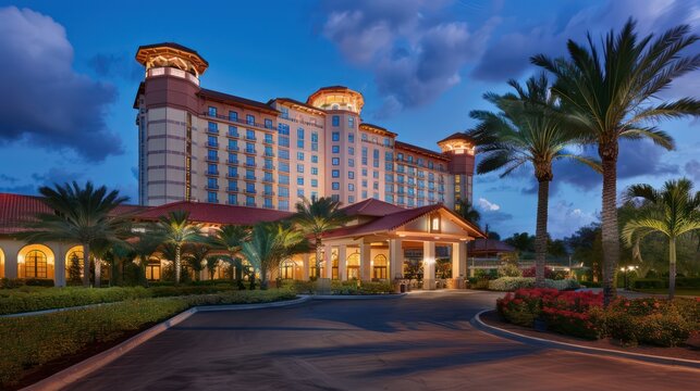 The image showcases the grand entrance of a luxury hotel with illuminated windows at twilight, highlighting its elegant architecture and lush landscaping
