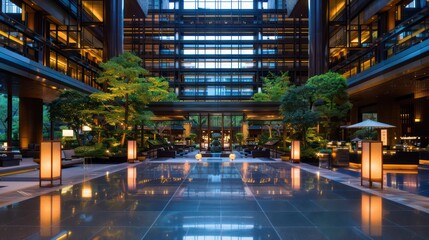 Fototapeta premium A tranquil office building plaza with trees, benches, and reflective floor surfaces, illuminated by soft lighting at dusk