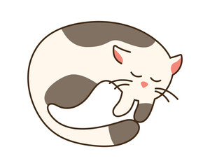 Cute cat sleeps isolated. Domestic spotted kitten lies curled up. Cute character with closed eyes for sticker. Kawaii animal with tail and whiskers. Doodle style colored. Vector illustration