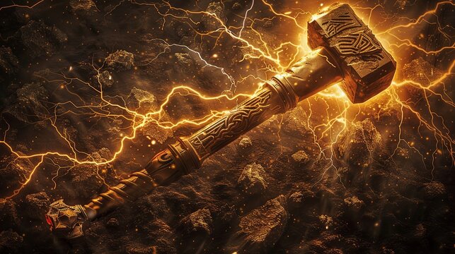 Aged ancient fantasy hammer. Medieval lightning