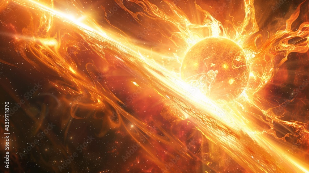 Poster explosive solar flare with intense energy burst from the sun's surface, illustrating magnetic storms