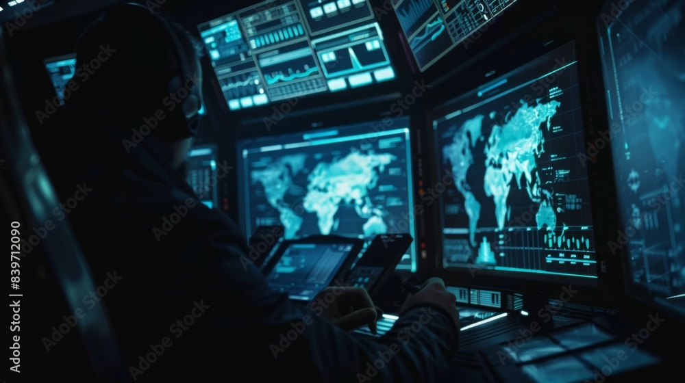 Sticker A man is sitting in front of a computer monitor with a map of the world on it, military headquarters or command post