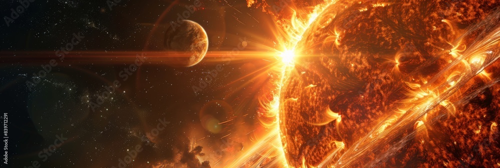 Poster magnificent solar eruption sending out vibrant flares, displaying the power of solar magnetic storms