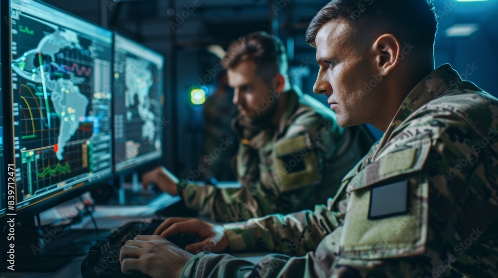 Poster two men in military uniforms are working on a computer monitor, control center at a military base