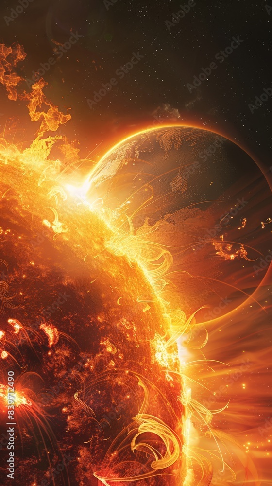 Poster intense solar flare with a massive coronal mass ejection from the sun's surface. showcasing the dram