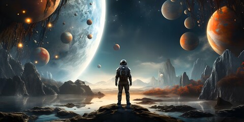 Obraz premium Contemporary art collage of astronaut floating with solar system planets in background. Concept Digital Collage, Astronaut Art, Space Exploration, Modern Art, Solar System Portrait