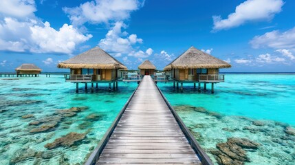 Serene overwater bungalows with thatched roofs connected by a wooden walkway in a tropical turquoise sea setting