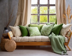 living room with sofa and green pillows