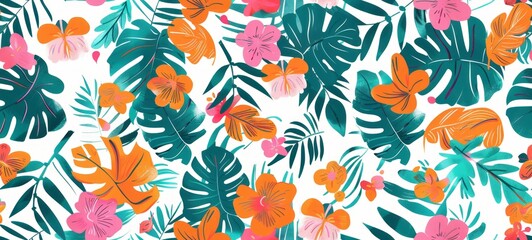 Obraz premium Abstract pattern with floral and tropical leaves in orange, pink, and teal on a white background