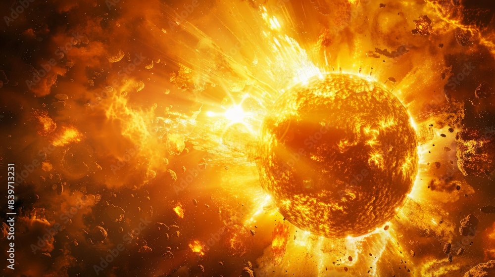 Poster intense solar eruption with massive ejections from the sun's surface. depicting high-energy solar ac