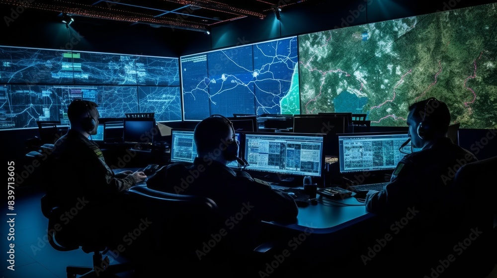 Poster three men are sitting at a computer desk with monitors in front of them, military headquarters or co