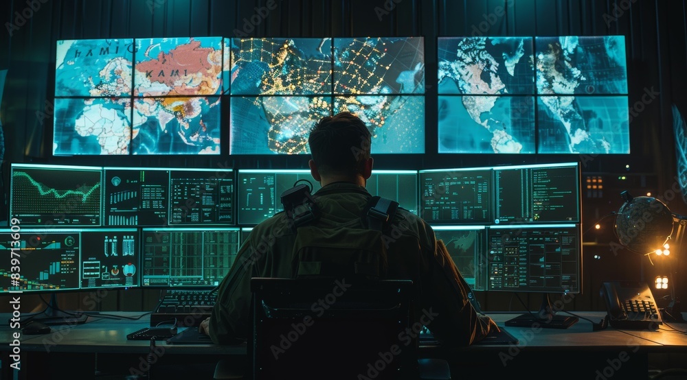 Poster a man sits in front of a computer monitor with a globe on the desk, military headquarters or command