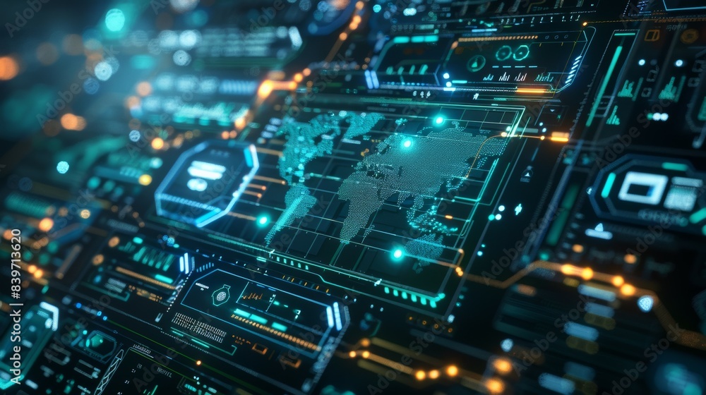 Poster a computer screen with a map of the world on it, military headquarters or command post
