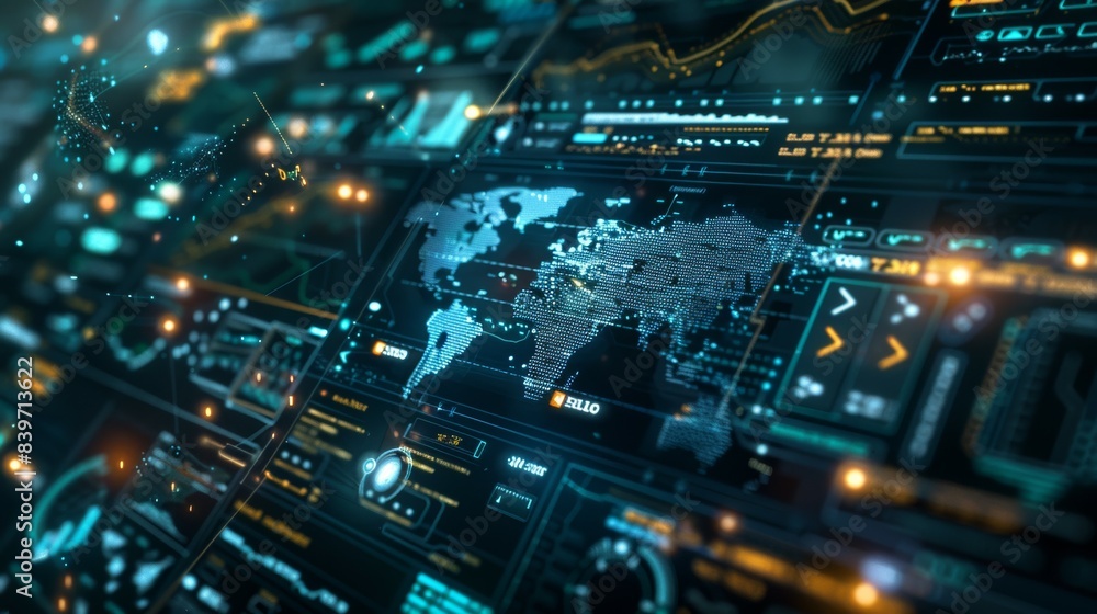 Poster a computer screen displays a map of the world with many different colored dots, military headquarter