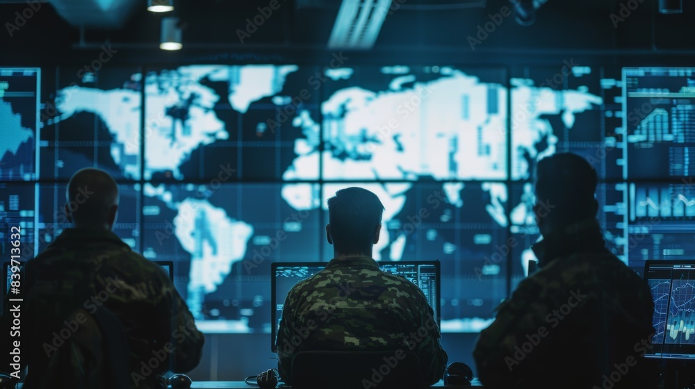 Poster three men are sitting in front of computer monitor with map of the world on it, military headquarter