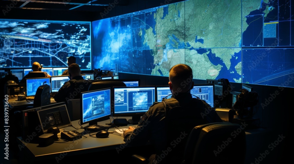 Poster a man is sitting at a desk in front of a computer monitor with a map of europe, military headquarter