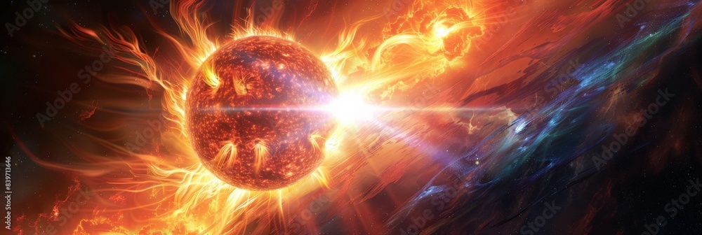 Poster stunning image of a solar flare bursting from the sun, surrounded by cosmic clouds. illustrating hig