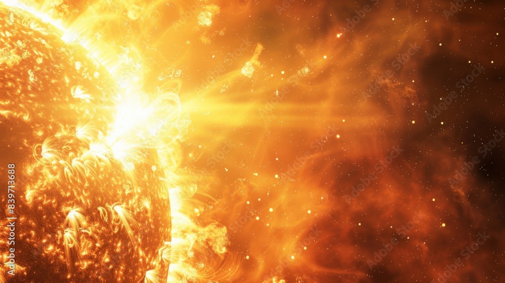 Poster Spectacular solar flare with a bright burst of energy extending into space. Capturing the essence of solar activity and its impact on space weather