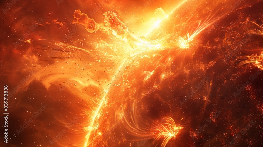 Poster intense solar flare explosion with energy and light emanating from the sun. depicting the powerful e