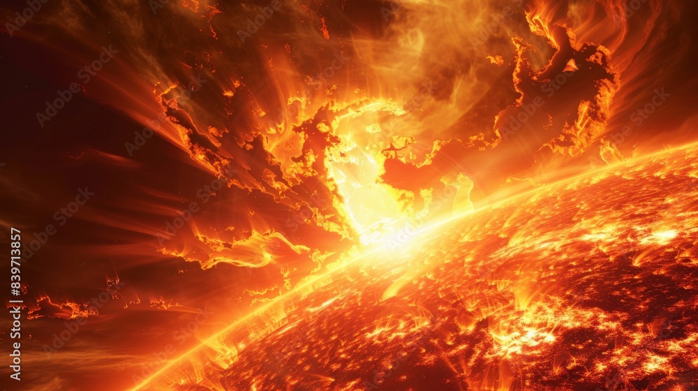 Poster dramatic solar flare eruption with fiery energy bursts from the sun's surface. visualizing the inten
