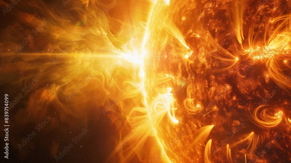 Poster intense solar flare with powerful energy bursts from the sun. visual representation of solar activit