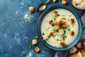 Creamy cauliflower soup with toasted bread croutons on blue table Vegetarian winter meal concept Recipe ideas Top view copy space