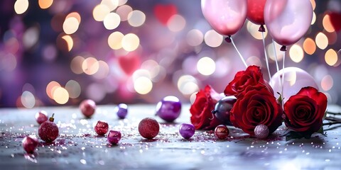 Obraz premium Valentine's Day Decor Red Roses, Balloons, and Sparkles on a Table. Concept Valentine's Day Decor, Red Roses, Balloons, Sparkles, Table Setting