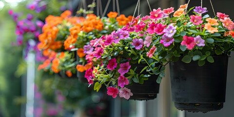 Fototapeta premium Potted Flowers Hanging on a Condo Balcony A Realistic Photo. Concept Floral Balcony, Urban Gardening, Lifestyle Photography, Condo Living, Outdoor Decor
