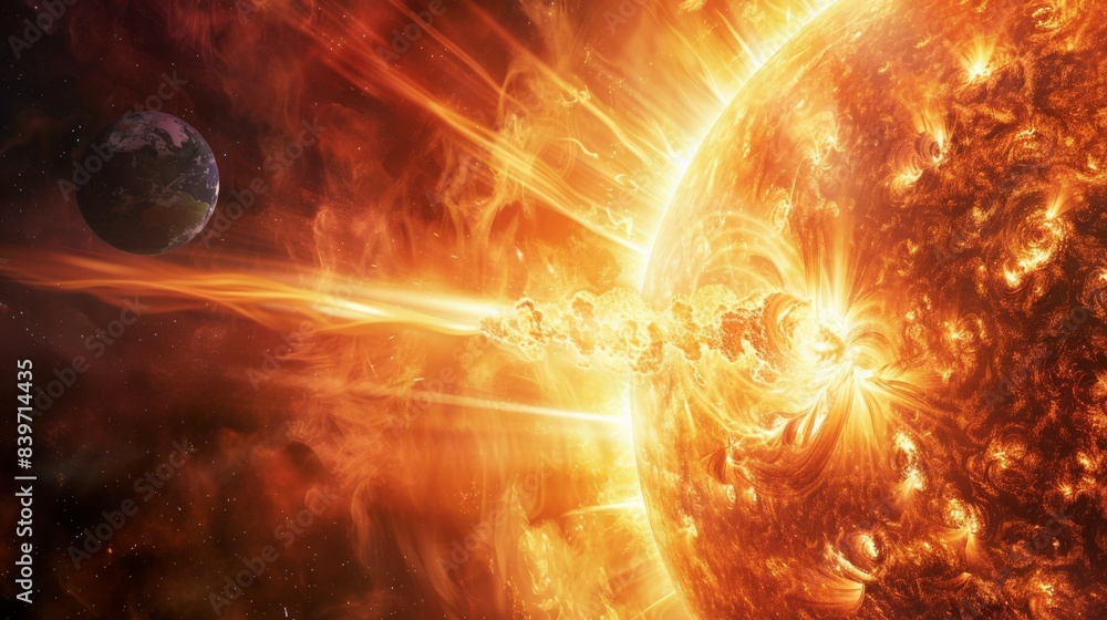 Poster magnificent solar flare with energy streams and light from the sun. highlighting solar activity and 