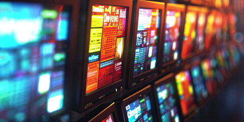 The Digital Dawn Chorus: A row of blinking computer monitors, displaying news headlines in vivid colors.