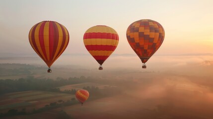 Obraz premium Serene view of hot air balloons ascending at dawn with mist over the pastoral landscape offering a sense of adventure and tranquility