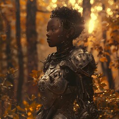 Obraz premium Warrior stands in enchanted forest, sunlight filtering through autumn leaves during golden hour