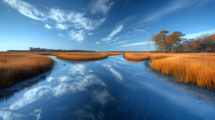 A serene nature wetland with still water reflecting the sky and surrounding grasses, the sky clear and blue above