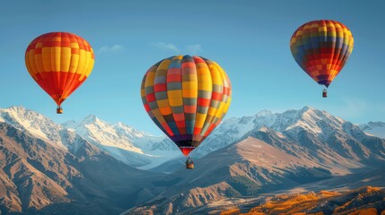 Obraz premium Three colorful hot air balloons float over majestic snowy mountains under a clear blue sky, depicting a serene adventure