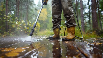Man performing maintenance on terrace, thoroughly cleaning wooden deck with high pressure washer