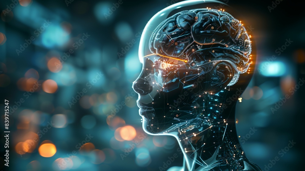 Poster a woman's head is shown in a computer generated image with a glowing brain