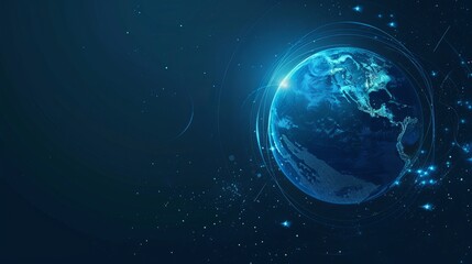 Obraz premium Dark blue vector background featuring Planet Earth with abstract technological rings orbiting the planet, symbolizing a global communication system and communication satellites. 