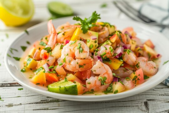 Ecuadorian shrimp ceviche on a white table