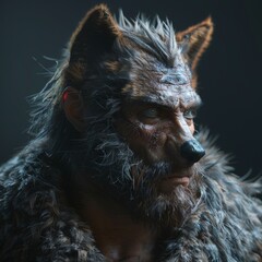Naklejka premium Unique creature portrait showcasing a detailed hybrid of human and wolf characteristics in a dark environment