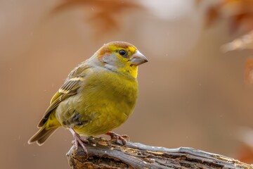 Fototapeta premium European greenfinch with yellow body perched on woody root in garden