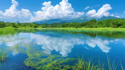 A serene landscape with a clear blue lake reflecting the white clouds and blue sky, surrounded by lush greenery and mountains in the background