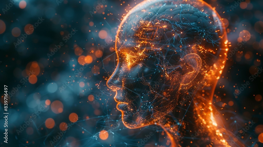 Poster a glowing head with a face made of lines and dots