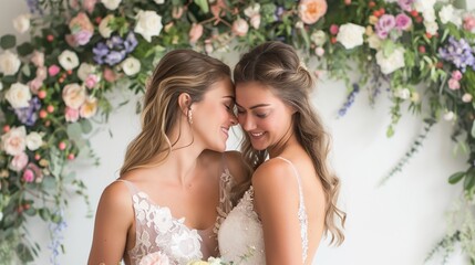 Two lesbian brides in intricate lace gowns, surrounded by blooming flowers, capturing the romance and elegance of LGBTQ weddings, perfect for bridal and commercial ceremony photography