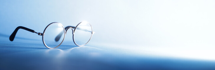 Light shining on vintage round eyeglasses. Clarity or vision concept with copy space for text.