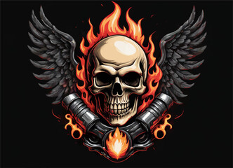 Fototapeta premium Biker vector t-shirt design with human skull, wings and fire on black background. Fashionable print for fabric, paper, men clothing, hoodie, biker jacket. T shirt template with flame.