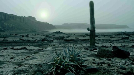   A lone cactus stands amidst the arid expanse of a desert, its silhouette framed against the hazy, misty sky In the far distance, the