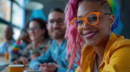 Obraz premium LGBTQ teamwork in a vibrant office with a rainbow flag, showcasing LGBTQ pride, teamwork, inclusivity, and diversity, ideal for commercial use and professional settings
