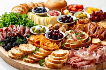 Charcuterie board with an assortment of meats, cheeses, fruits, and nuts, offering a gourmet and visually appealing feast