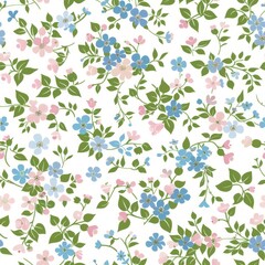 Pastel pink, blue, green, and white small flowers on a white background