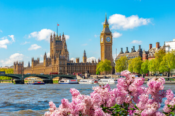 Big Ben tower and Houses of Parliament in spring, London, UK